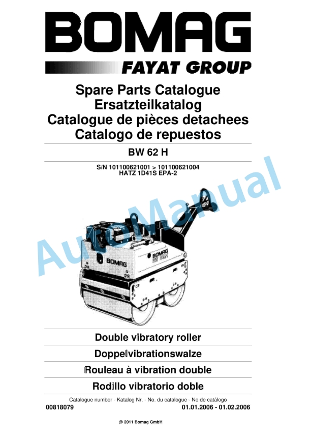Bomag BW 62 H Double Vibratory Roller Spare Parts Catalogue 00818079