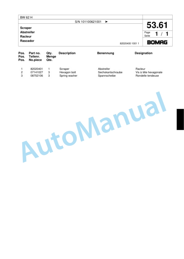 Bomag BW 62 H Double Vibratory Roller Spare Parts Catalogue 00818079-3