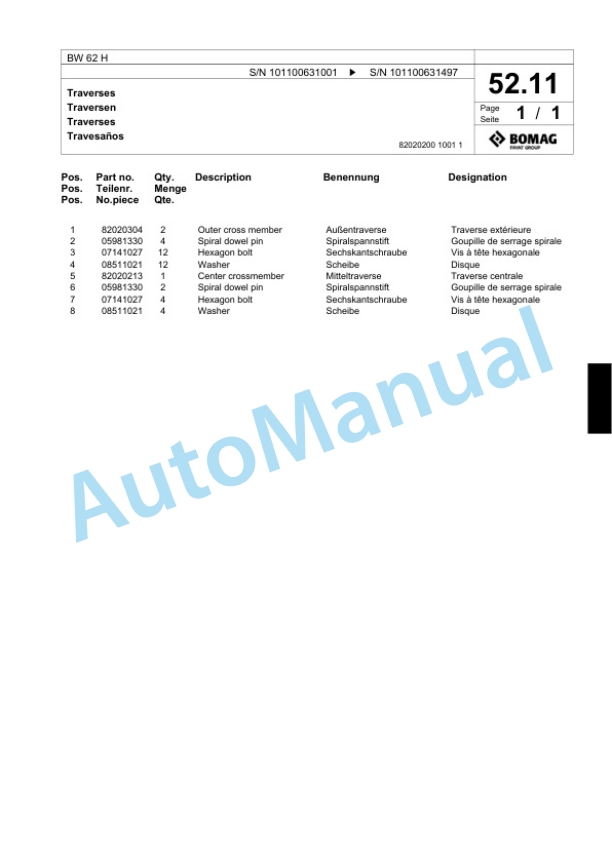 Bomag BW 62 H Double Vibratory Roller Spare Parts Catalogue 00818261-3