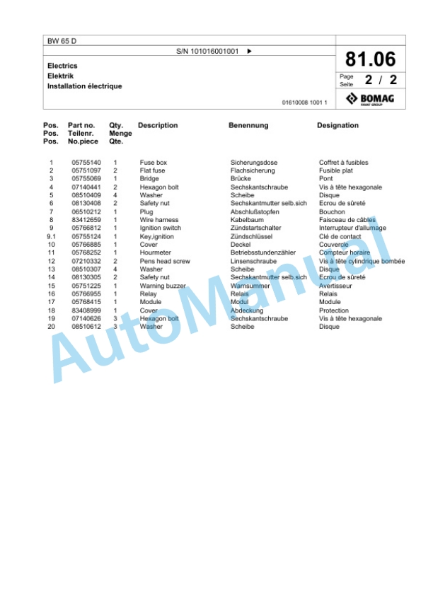 Bomag BW 65 D Double Vibratory Roller Spare Parts Catalogue 00826331-4