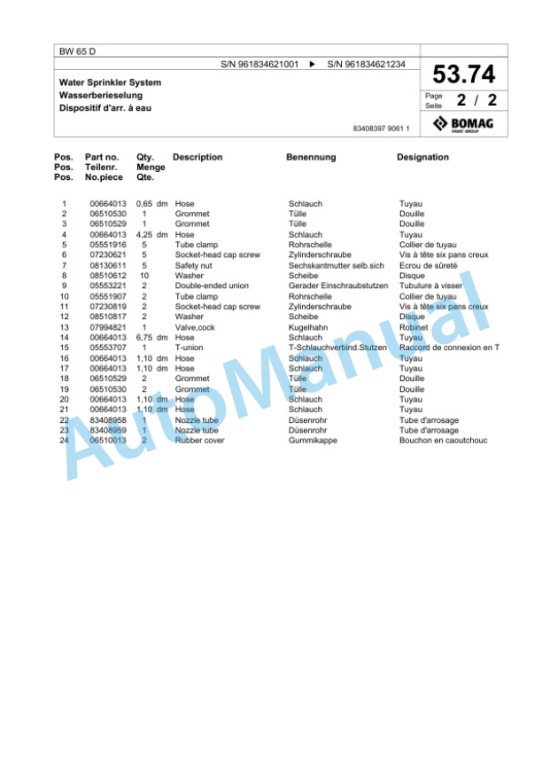 Bomag BW 65 D Double Vibratory Roller Spare Parts Catalogue 00826393-2