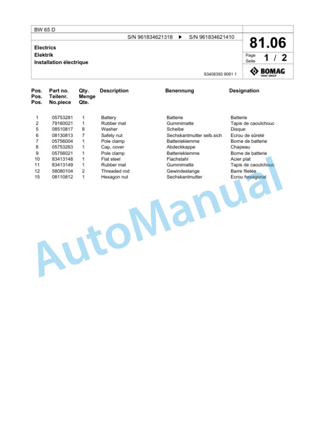 Bomag BW 65 D Double Vibratory Roller Spare Parts Catalogue 00826393-3