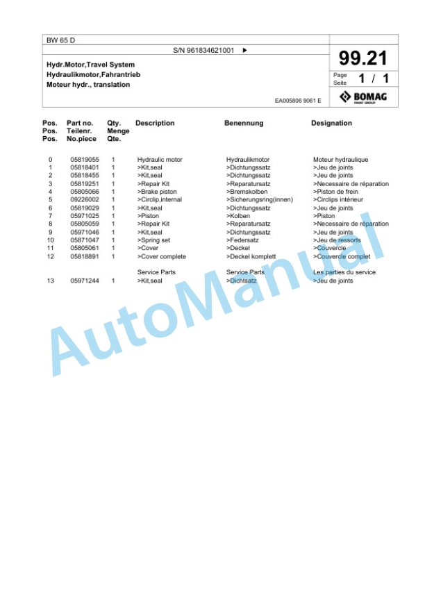 Bomag BW 65 D Double Vibratory Roller Spare Parts Catalogue 00826393-5
