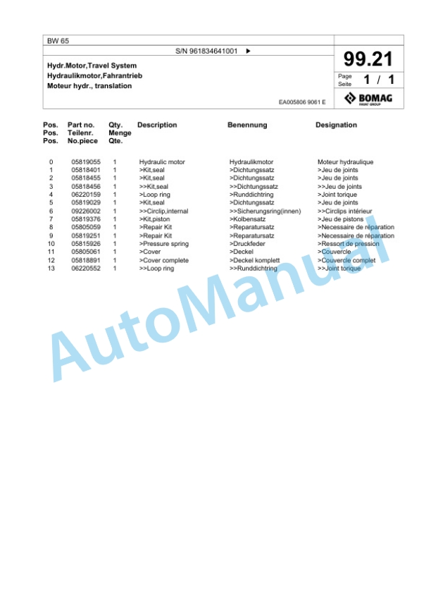 Bomag BW 65 Double Vibratory Roller Spare Parts Catalogue 00826395-5