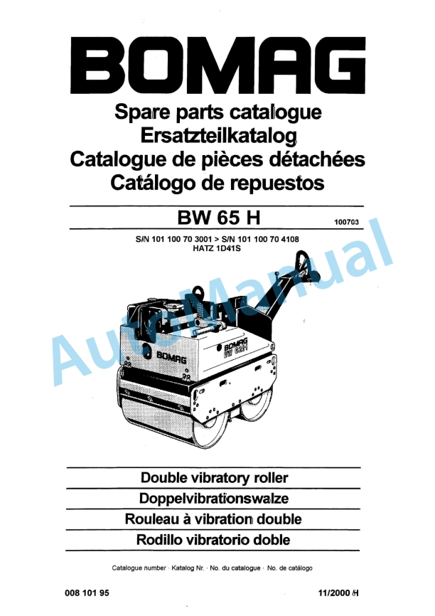 Bomag BW 65 H Double Vibratory Roller Spare Parts Catalogue 00810195