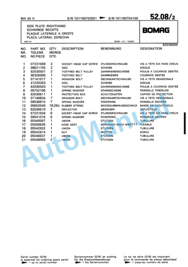 Bomag BW 65 H Double Vibratory Roller Spare Parts Catalogue 00810195-3