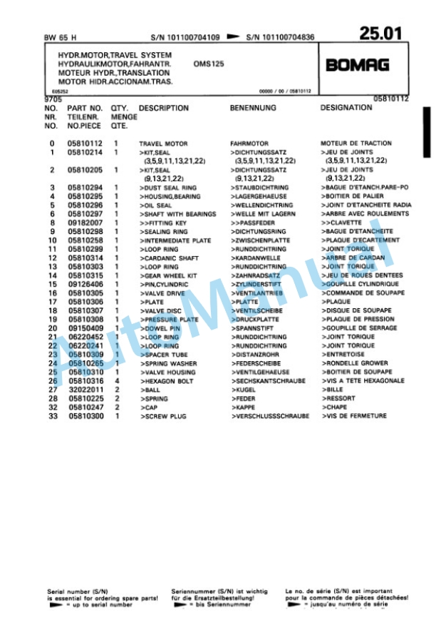 Bomag BW 65 H Double Vibratory Roller Spare Parts Catalogue 00816774-3