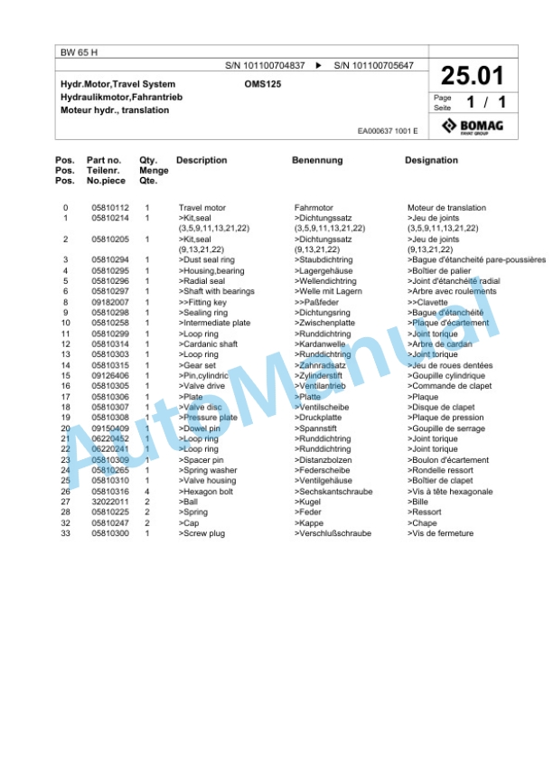 Bomag BW 65 H Double Vibratory Roller Spare Parts Catalogue 00817558-2