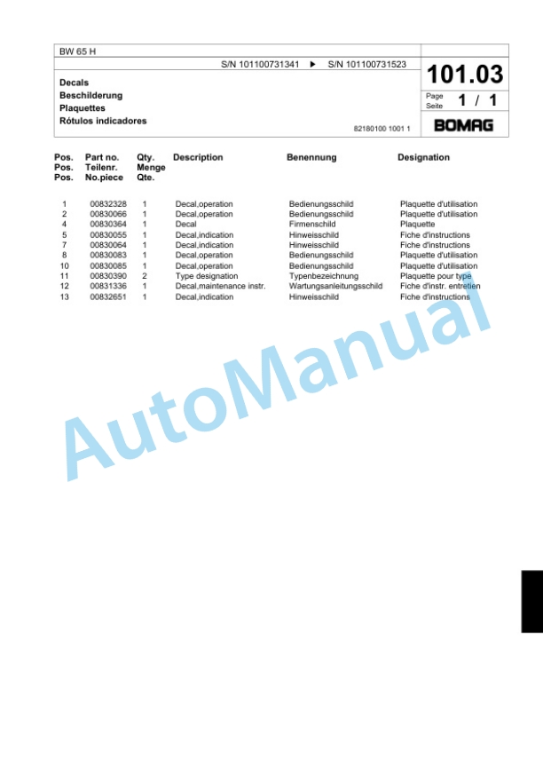 Bomag BW 65 H Double Vibratory Roller Spare Parts Catalogue 00818265-5