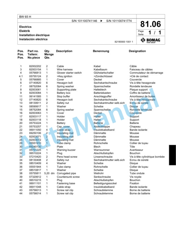 Bomag BW 65 H Double Vibratory Roller Spare Parts Catalogue 00818267-4