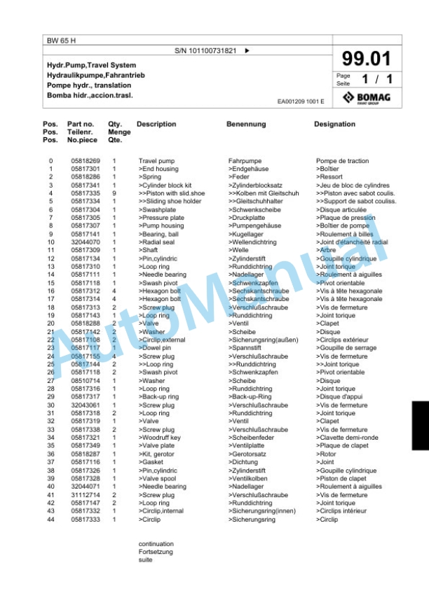 Bomag BW 65 H Double Vibratory Roller Spare Parts Catalogue 00818773-4