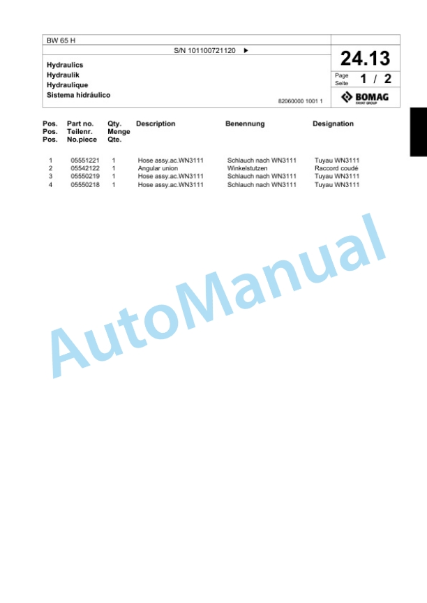 Bomag BW 65 H Double Vibratory Roller Spare Parts Catalogue 00818775-2