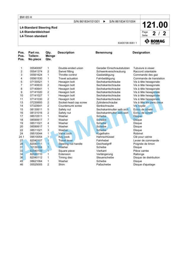 Bomag BW 65 H Double Vibratory Roller Spare Parts Catalogue 00824411-4