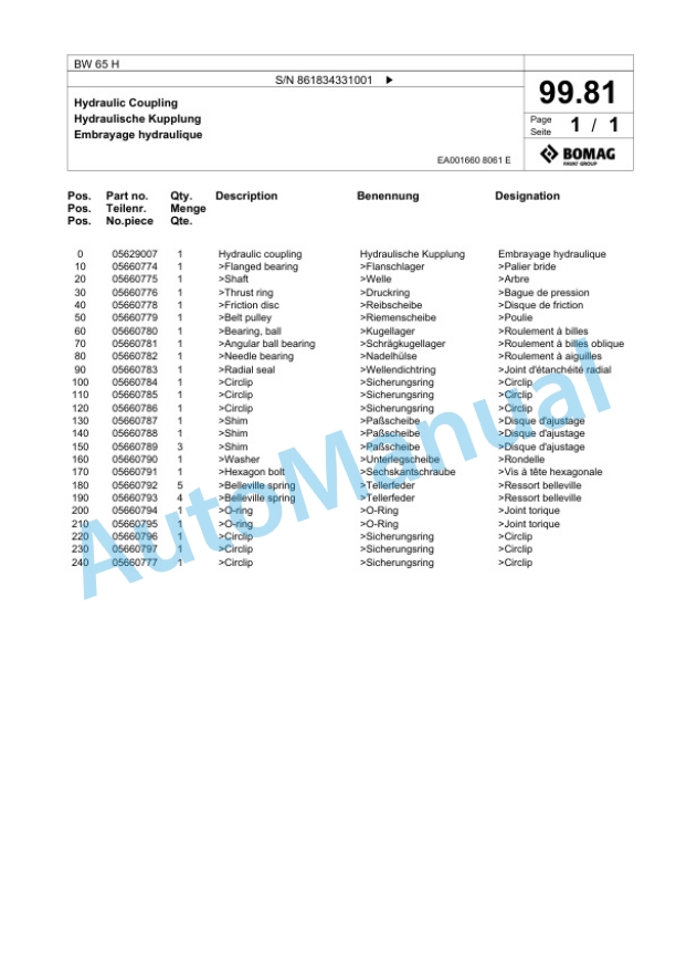 Bomag BW 65 H Double Vibratory Roller Spare Parts Catalogue 00825325-4