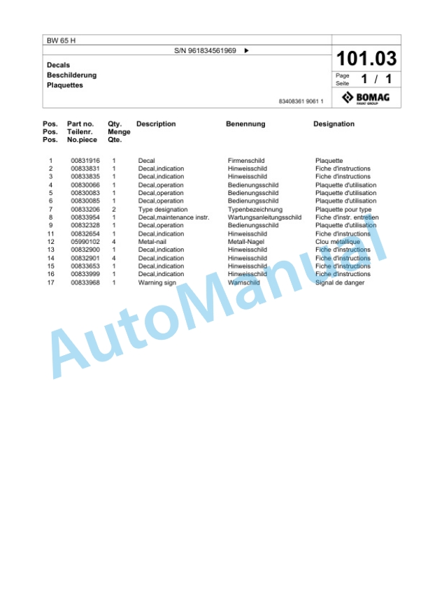 Bomag BW 65 H Double Vibratory Roller Spare Parts Catalogue 00826213-5