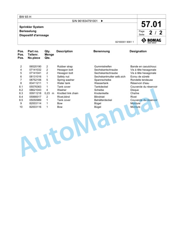 Bomag BW 65 H Double Vibratory Roller Spare Parts Catalogue 00827175-3