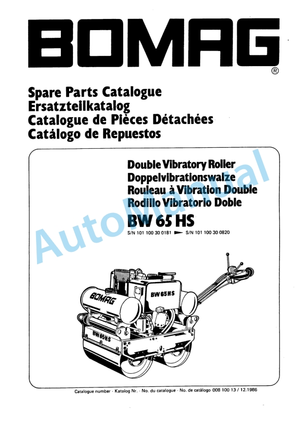 Bomag BW 65 HS Double Vibratory Roller Spare Parts Catalogue 00810013