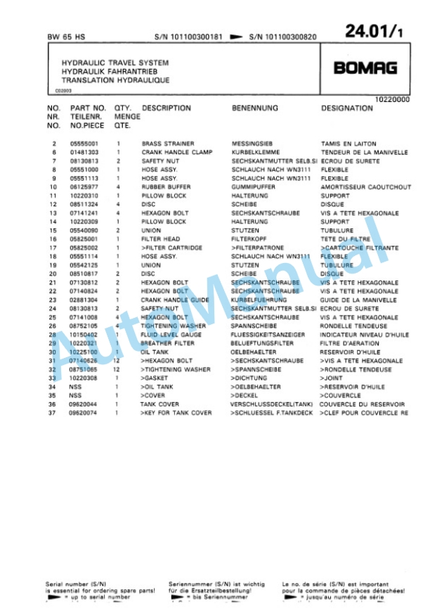 Bomag BW 65 HS Double Vibratory Roller Spare Parts Catalogue 00810013-3