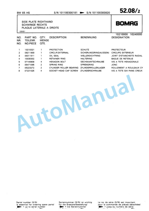 Bomag BW 65 HS Double Vibratory Roller Spare Parts Catalogue 00810013-5