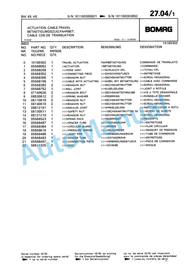 Bomag BW 65 HS Double Vibratory Roller Spare Parts Catalogue 00810113-3