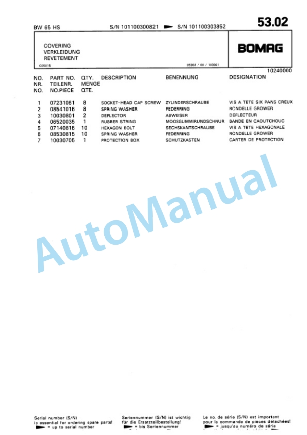 Bomag BW 65 HS Double Vibratory Roller Spare Parts Catalogue 00810113-5
