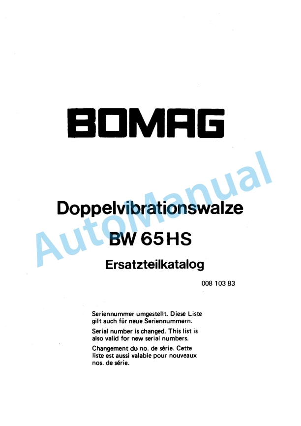 Bomag BW 65 HS Double Vibratory Roller Spare Parts Catalogue 00810383 TR