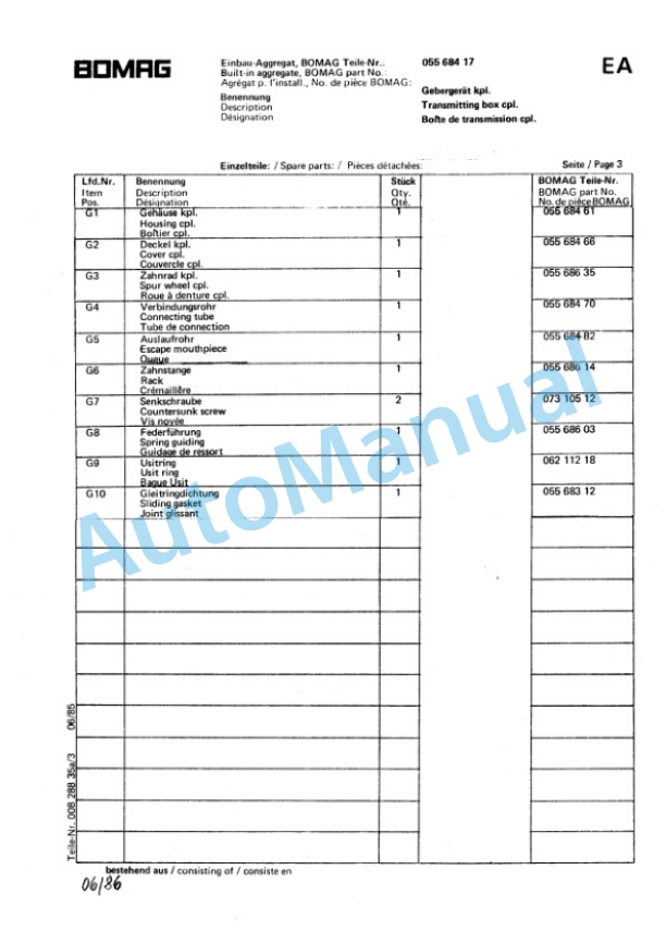 Bomag BW 65 HS Double Vibratory Roller Spare Parts Catalogue 00810383 TR-3