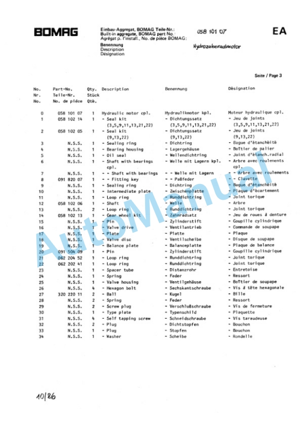 Bomag BW 65 HS Double Vibratory Roller Spare Parts Catalogue 00810383 TR-5