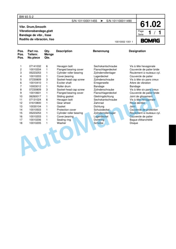 Bomag BW 65 S-2 Double Vibratory Roller Spare Parts Catalogue 00817560-5