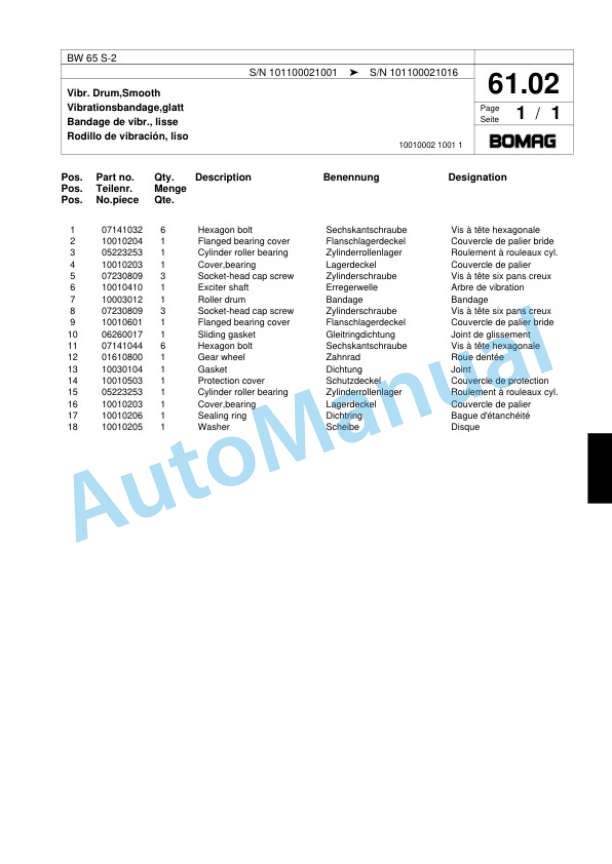 Bomag BW 65 S-2 Double Vibratory Roller Spare Parts Catalogue 00817969-4