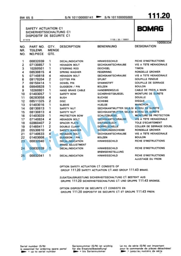 Bomag BW 65 S Double Vibratory Roller Spare Parts Catalogue 00810012-4