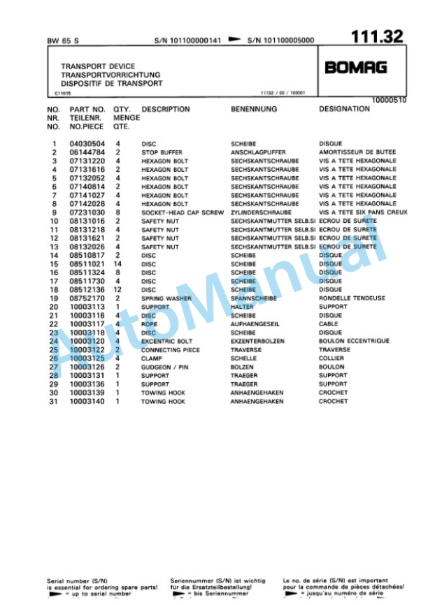 Bomag BW 65 S Double Vibratory Roller Spare Parts Catalogue 00810012-5