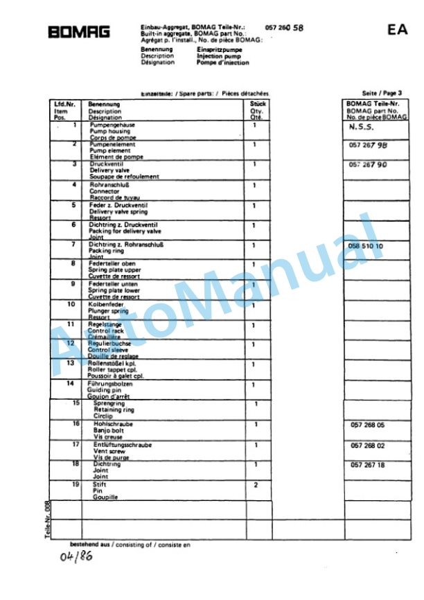 Bomag BW 65 S Double Vibratory Roller Spare Parts Catalogue 00810356-5