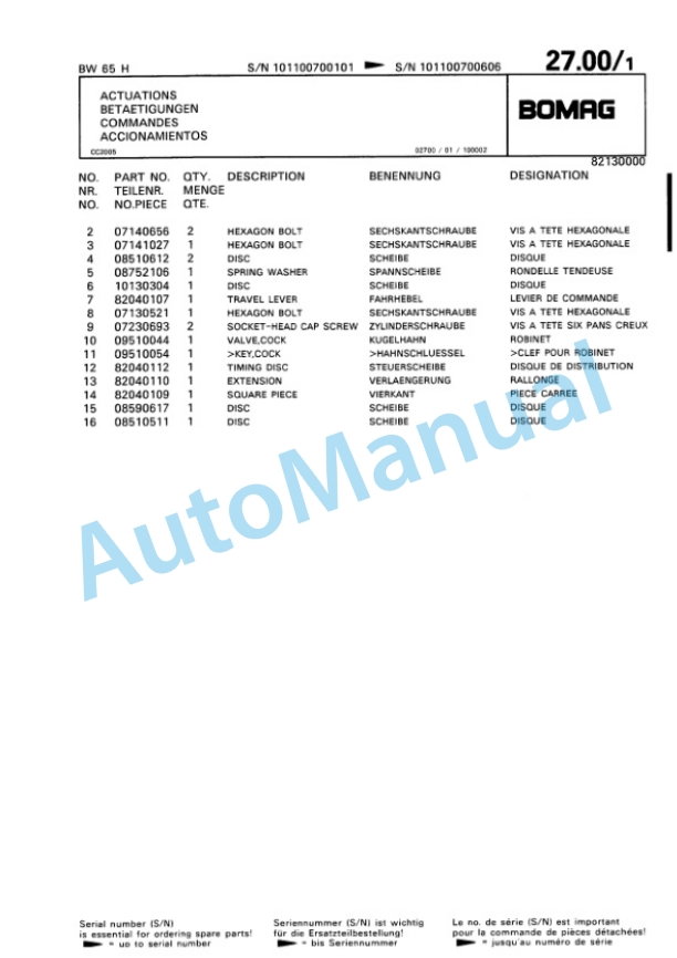 Bomag BW 65 S Double Vibratory Roller Spare Parts Catalogue 00810360-3