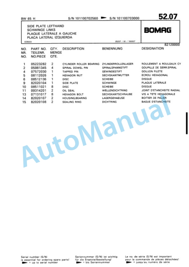 Bomag BW 65 S Double Vibratory Roller Spare Parts Catalogue 00810360-4