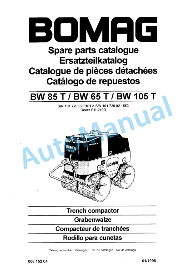Bomag BW 65 T, BW 85 T, BW 105 T Trench Compactor Spare Parts Catalogue 00815204