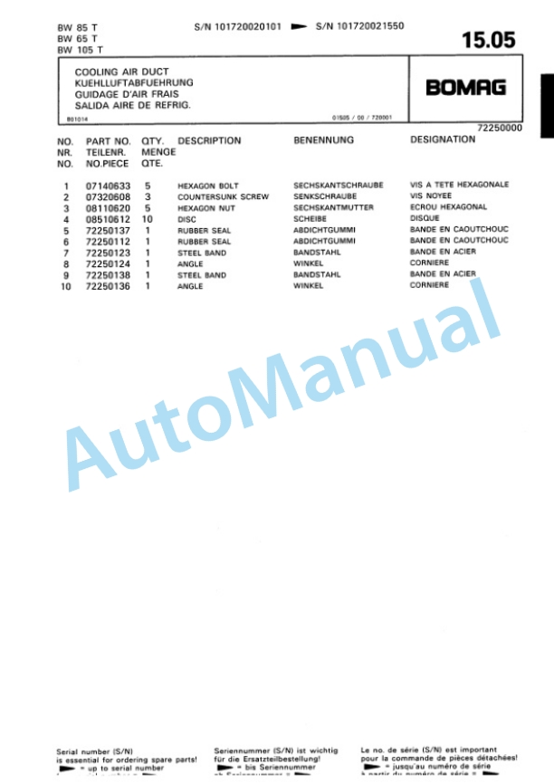 Bomag BW 65 T, BW 85 T, BW 105 T Trench Compactor Spare Parts Catalogue 00815204-2