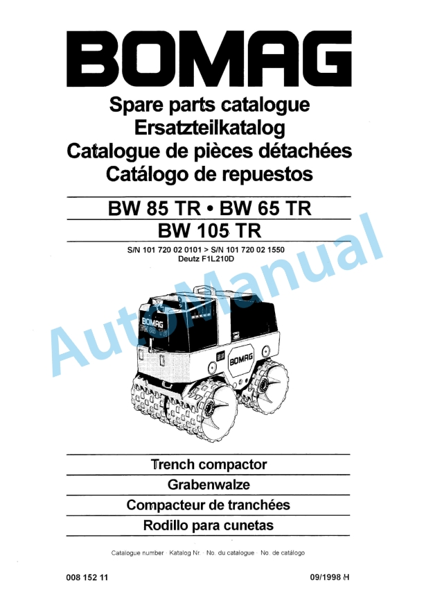 Bomag BW 65 TR, BW 85 TR, BW 105 TR Trench Compactor Spare Parts Catalogue 00815211