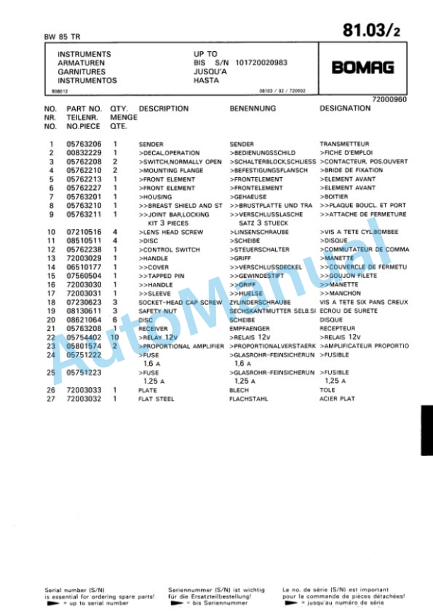 Bomag BW 65 TR, BW 85 TR, BW 105 TR Trench Compactor Spare Parts Catalogue 00815211-3