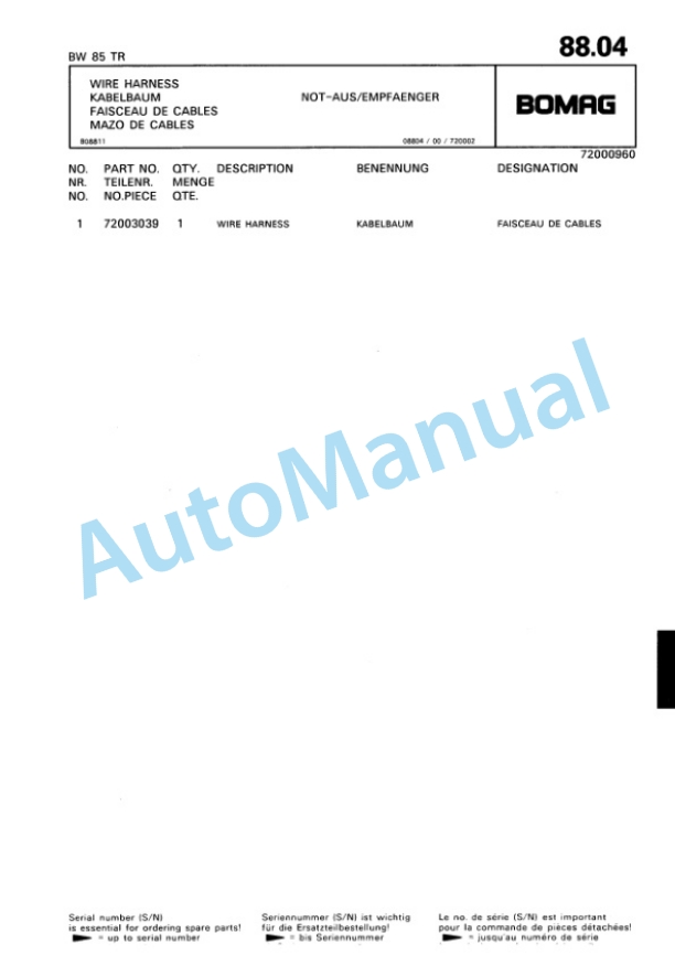 Bomag BW 65 TR, BW 85 TR, BW 105 TR Trench Compactor Spare Parts Catalogue 00815211-4