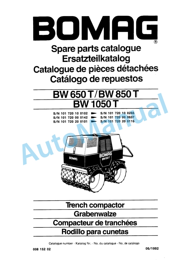 Bomag BW 650 T, BW 850 T, BW 1050 T Trench Compactor Spare Parts Catalogue 00815202