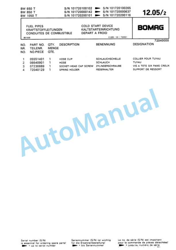 Bomag BW 650 T, BW 850 T, BW 1050 T Trench Compactor Spare Parts Catalogue 00815202-2