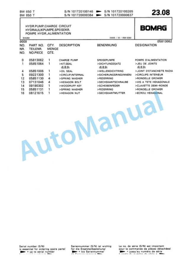 Bomag BW 650 T, BW 850 T, BW 1050 T Trench Compactor Spare Parts Catalogue 00815202-3