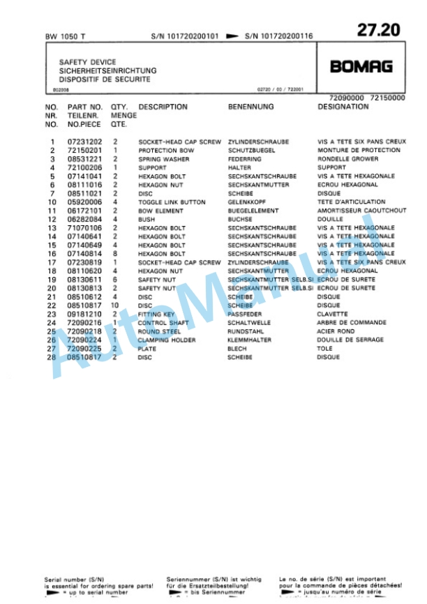 Bomag BW 650 T, BW 850 T, BW 1050 T Trench Compactor Spare Parts Catalogue 00815202-4