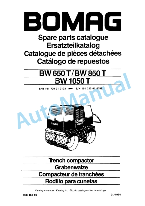 Bomag BW 650 T, BW 850 T, BW 1050 T Trench Compactor Spare Parts Catalogue 00815203