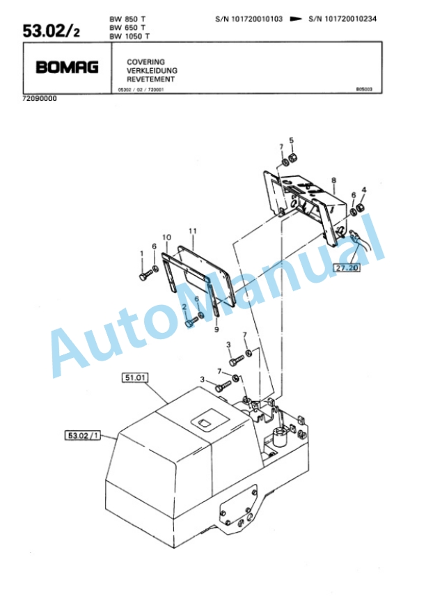 Bomag BW 650 T, BW 850 T, BW 1050 T Trench Compactor Spare Parts Catalogue 00815203-5
