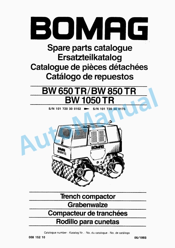Bomag BW 650 TR, BW 850 TR, BW 1050 TR Trench Compactor Spare Parts Catalogue 00815210