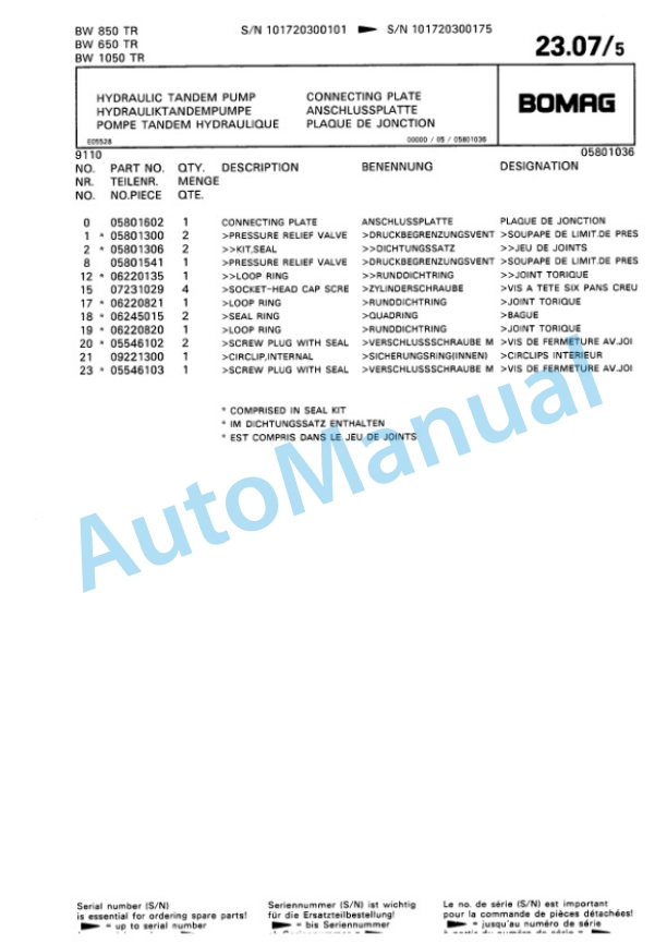 Bomag BW 650 TR, BW 850 TR, BW 1050 TR Trench Compactor Spare Parts Catalogue 00815210-3