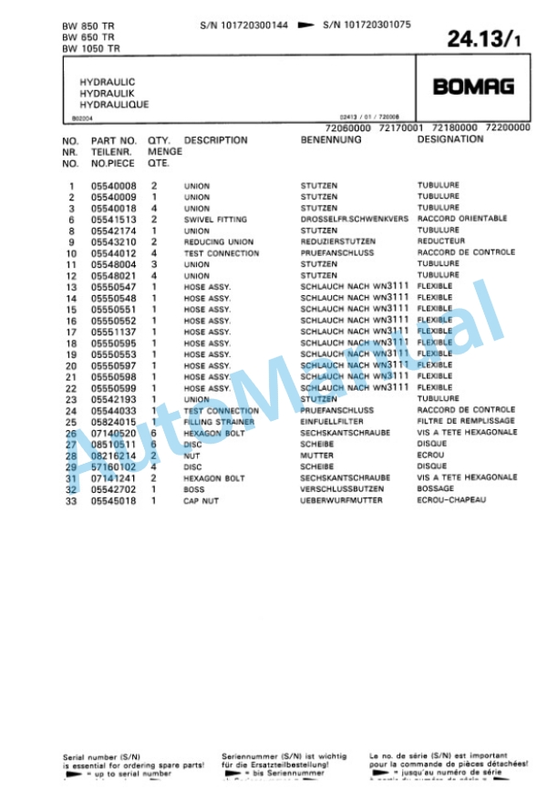 Bomag BW 650 TR, BW 850 TR, BW 1050 TR Trench Compactor Spare Parts Catalogue 00815210-4