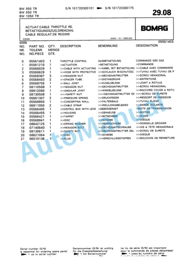 Bomag BW 650 TR, BW 850 TR, BW 1050 TR Trench Compactor Spare Parts Catalogue 00815210-5